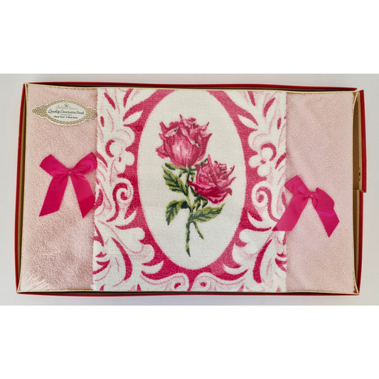 VINTAGE *NEW* 1960's Golden Crown Decorative Guest Towels Pink with Flowers Set 3