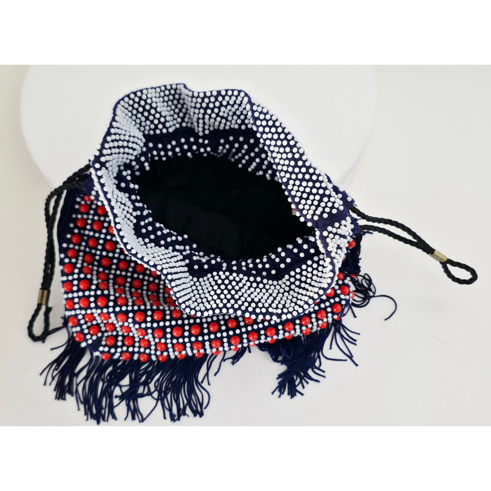 VINTAGE *NEW* 1960's Red, White, Blue Beaded Handbag with Fringe w/Inside Pocket