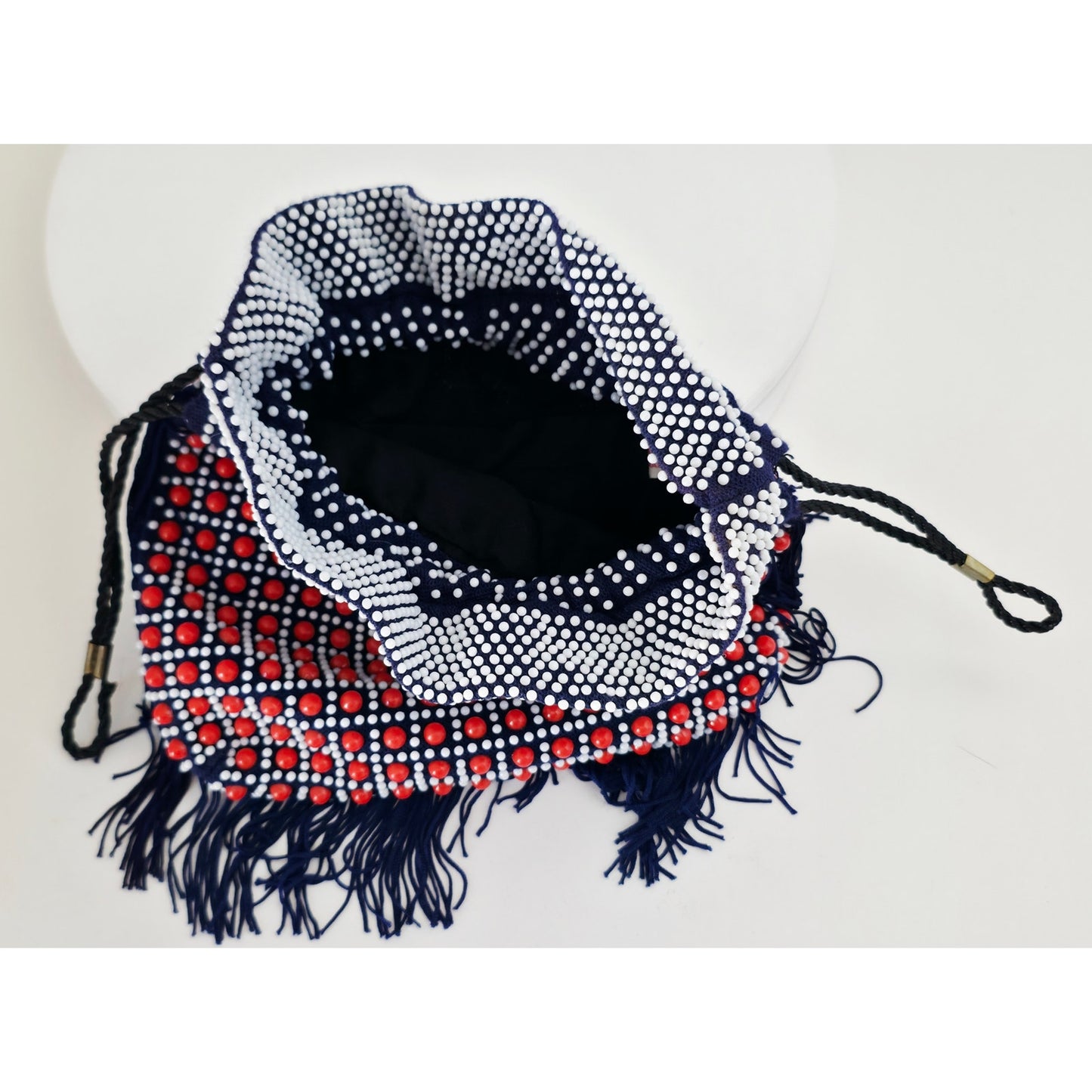 VINTAGE *NEW* 1960's Red, White, Blue Beaded Handbag with Fringe w/Inside Pocket