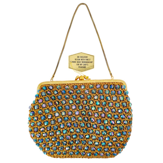 VINTAGE *NEW* 1960's Hand-Made Fancy Beaded Purse Multicolor with Gold Strap