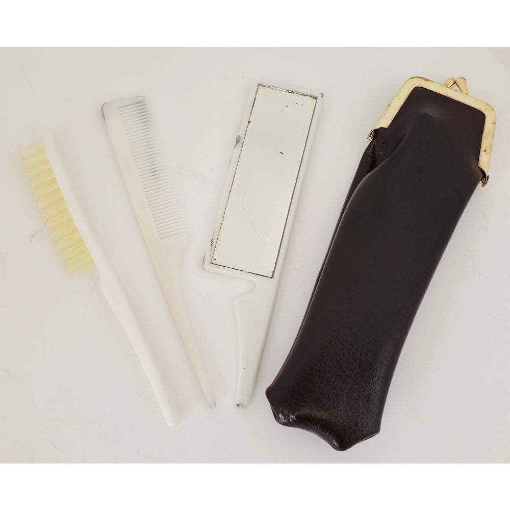 VINTAGE *NEW* 1970's Purse Grooming Set Brush Comb Mirror with Brown Case