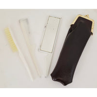 VINTAGE *NEW* 1970's Purse Grooming Set Brush Comb Mirror with Brown Case