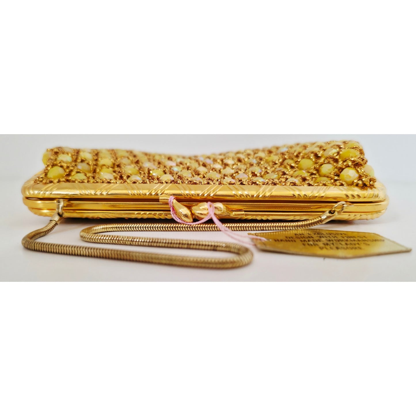 VINTAGE *NEW* 1960's Hand-Made Fancy Beaded Purse Yellow with Gold Strap
