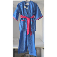 VINTAGE *NEW* 1970's Women's Blue Scrubs | Top & Pants | Kimono with Pink Belt Size S