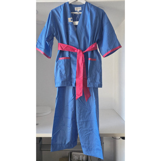 VINTAGE *NEW* 1970's Women's Blue Scrubs | Top & Pants | Kimono with Pink Belt Size S