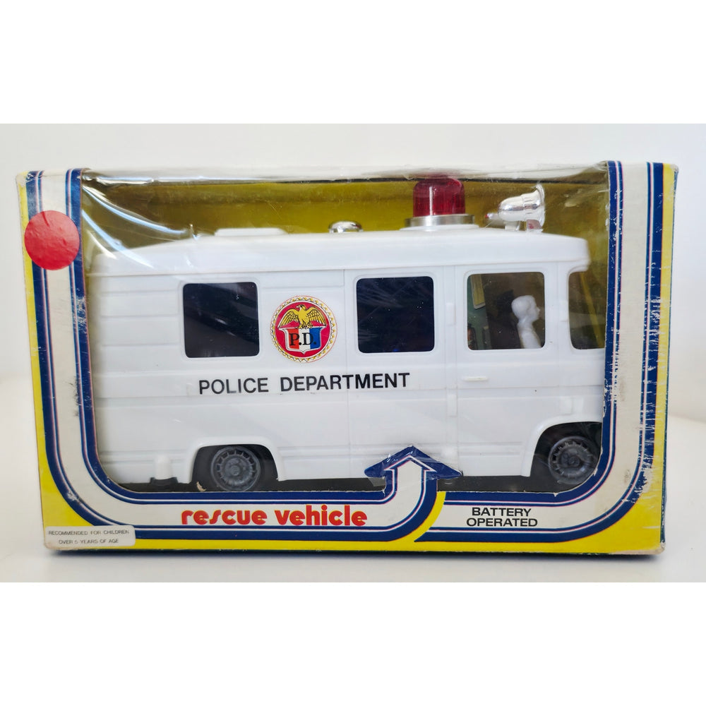 VINTAGE *NEW* 1980's Police Rescue Vehicle White With Siren Bump-n-Go Action