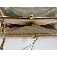 VINTAGE *NEW* 1960's Hand-Made Fancy Beaded Purse Green & Silver with Gold Strap