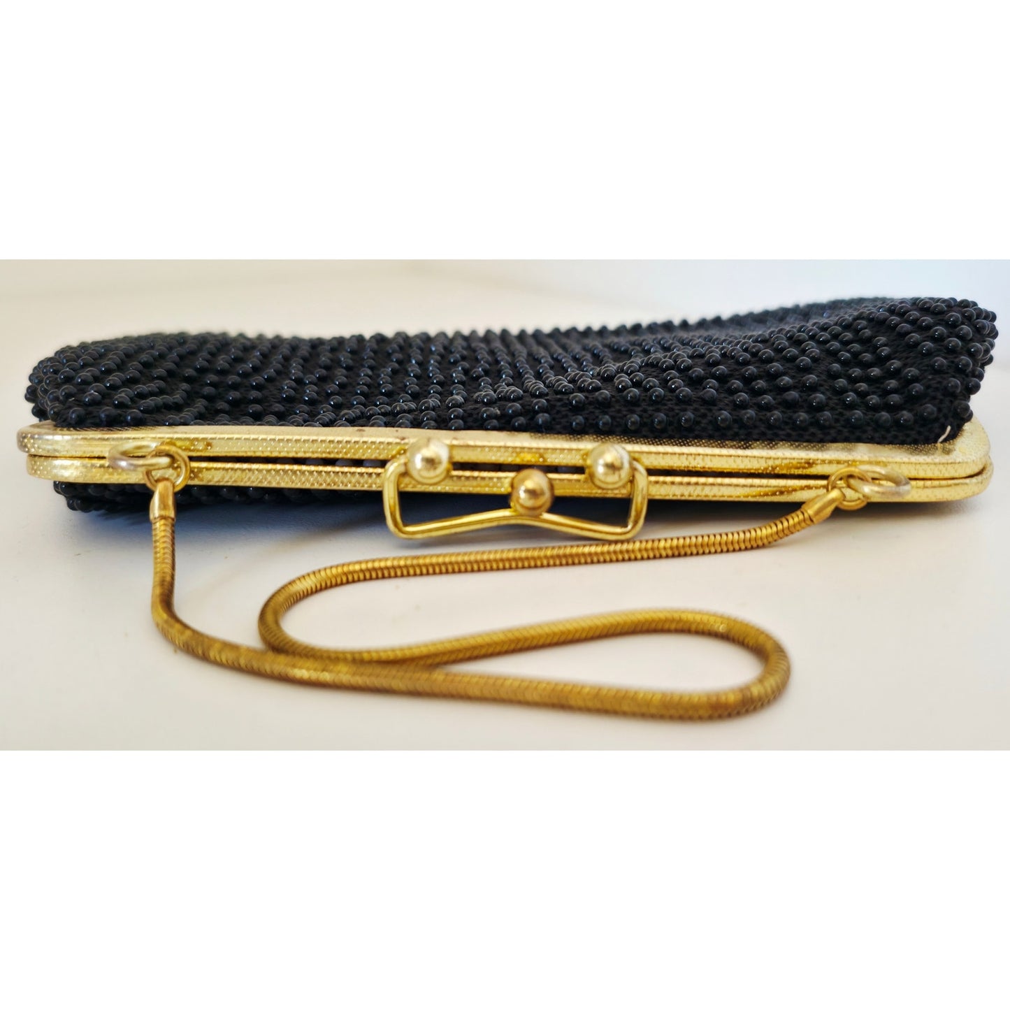 VINTAGE *NEW* 1960's Fancy Beaded Purse Black with Bronze Strap