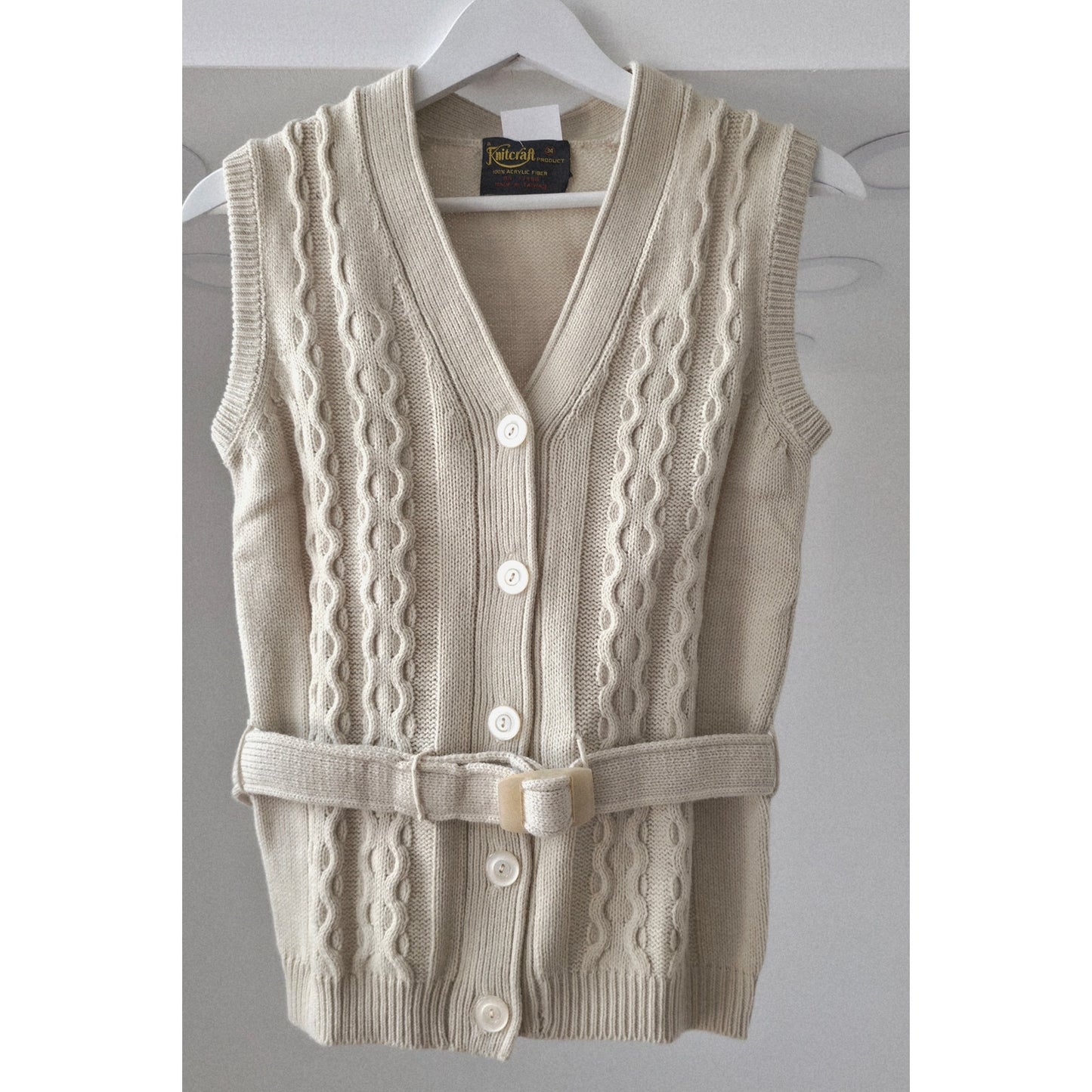 VINTAGE *NEW* 1970's Beige Women's Sweater Vest with Belt 100% Acrylic Size 34