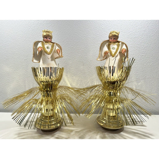 VINTAGE *NEW* Pair Of Christmas Angels-Crown, Felt Clothing, Gold, plays Silent Night