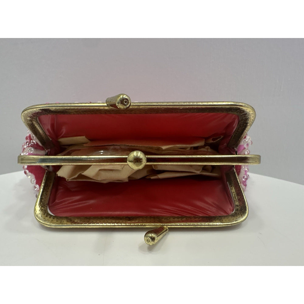 VINTAGE *NEW* 1970's Hand-Beaded 3-Section Change Purse in Pink/Red