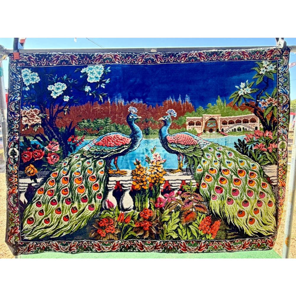 VINTAGE *PRISTINE* 1960's Double Peacock Lebanese Velvet Tapestry