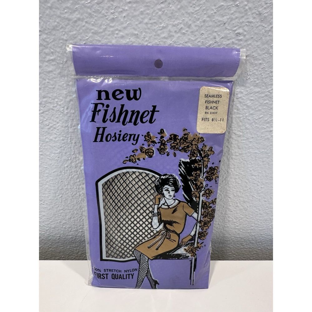 VINTAGE *NEW* 1960's Black Fishnet Seamless 100% Nylon Hosiery Size 8 1/2-11