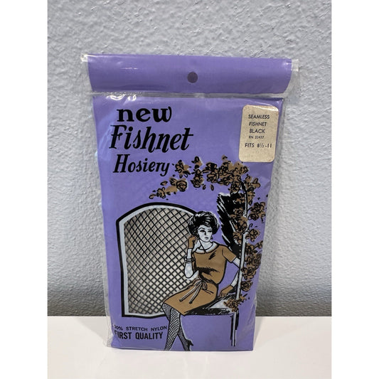 VINTAGE *NEW* 1960's Black Fishnet Seamless 100% Nylon Hosiery Size 8 1/2-11