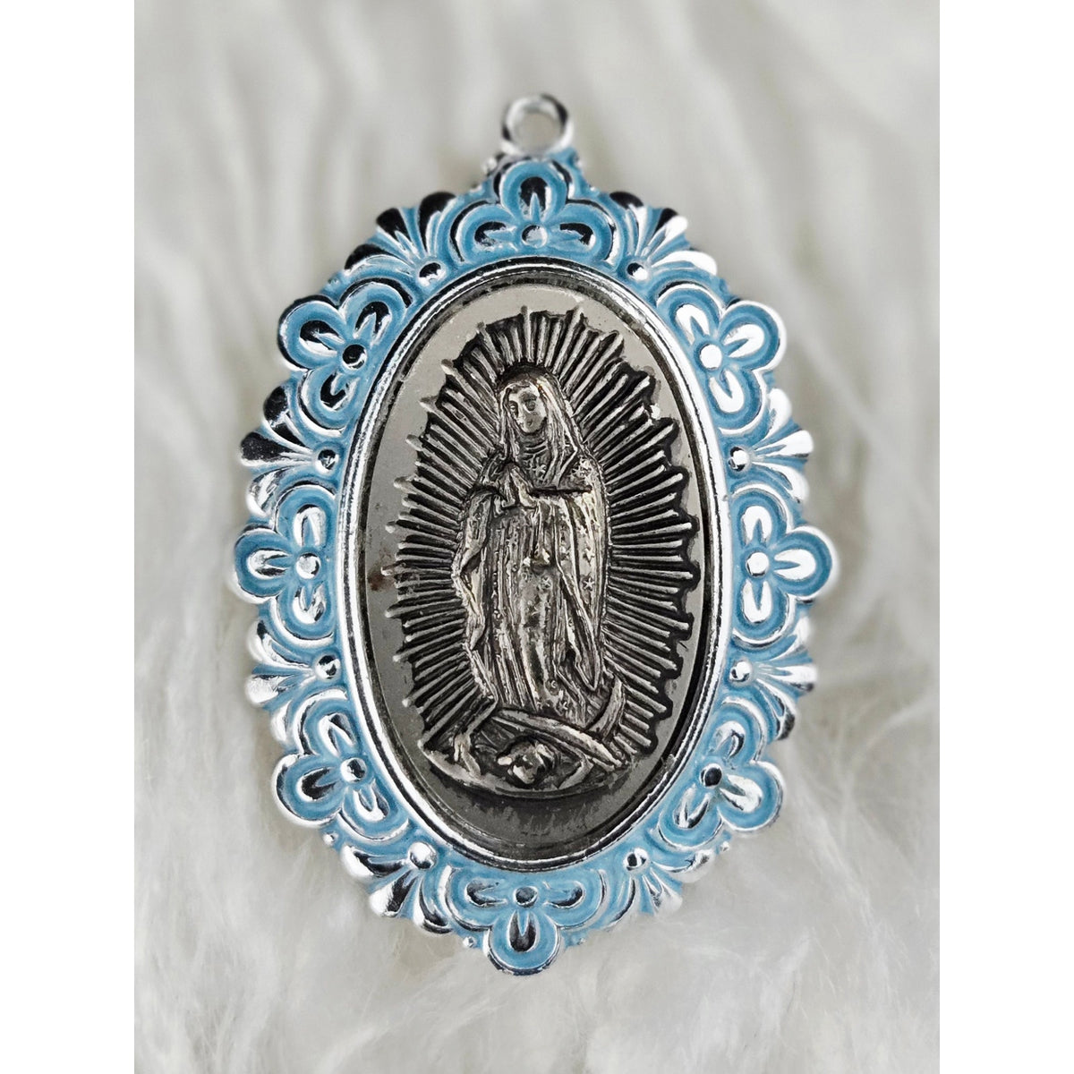 VINTAGE *NEW* 1950's Blue and Silver-Toned Religious Pendant 1.6"