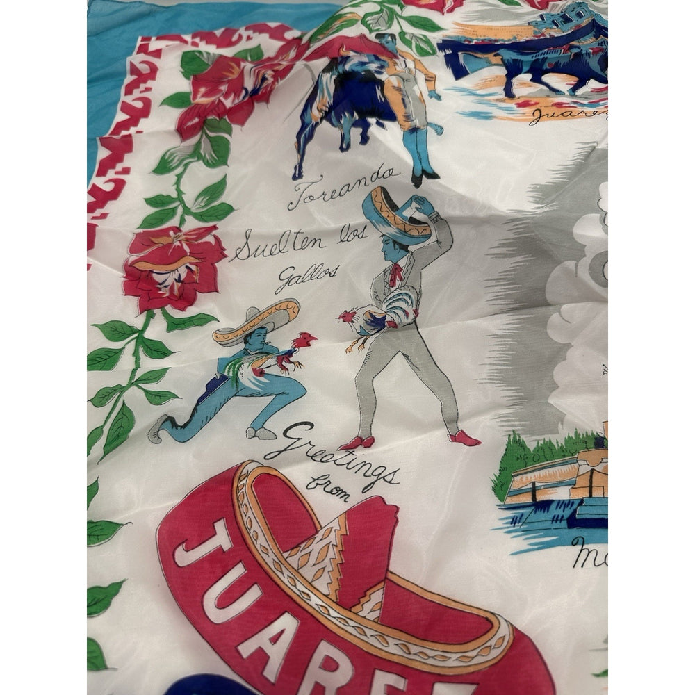 VINTAGE "NEW" 1950's "Juarez" Hand-Rolled Silk Rayon Scarf 31" x 31" - Blue Trim