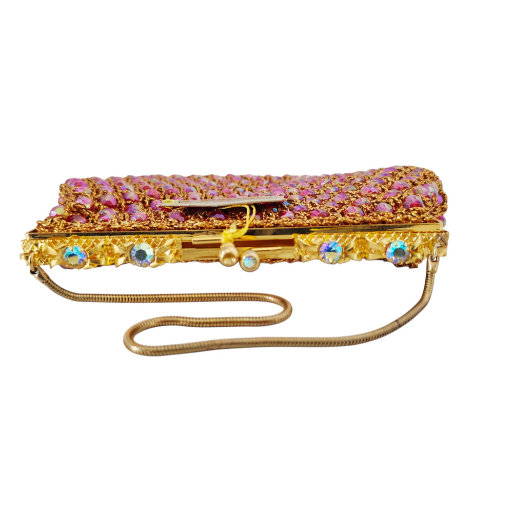 VINTAGE *NEW* 1960's Hand-Made Fancy Beaded Purse Pink with Gold Strap