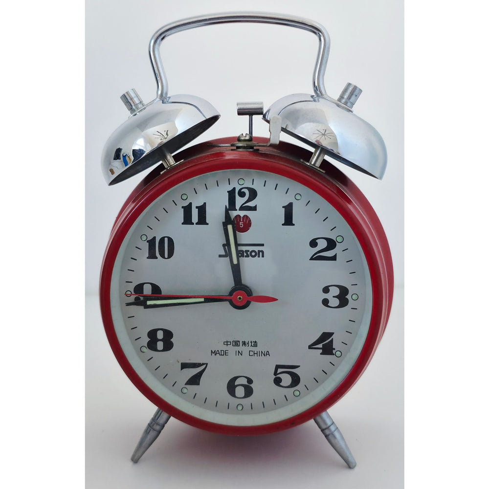 VINTAGE *NEW* 1970's Alan Roberts Double Bell Keywound Metal Alarm Clock - Red