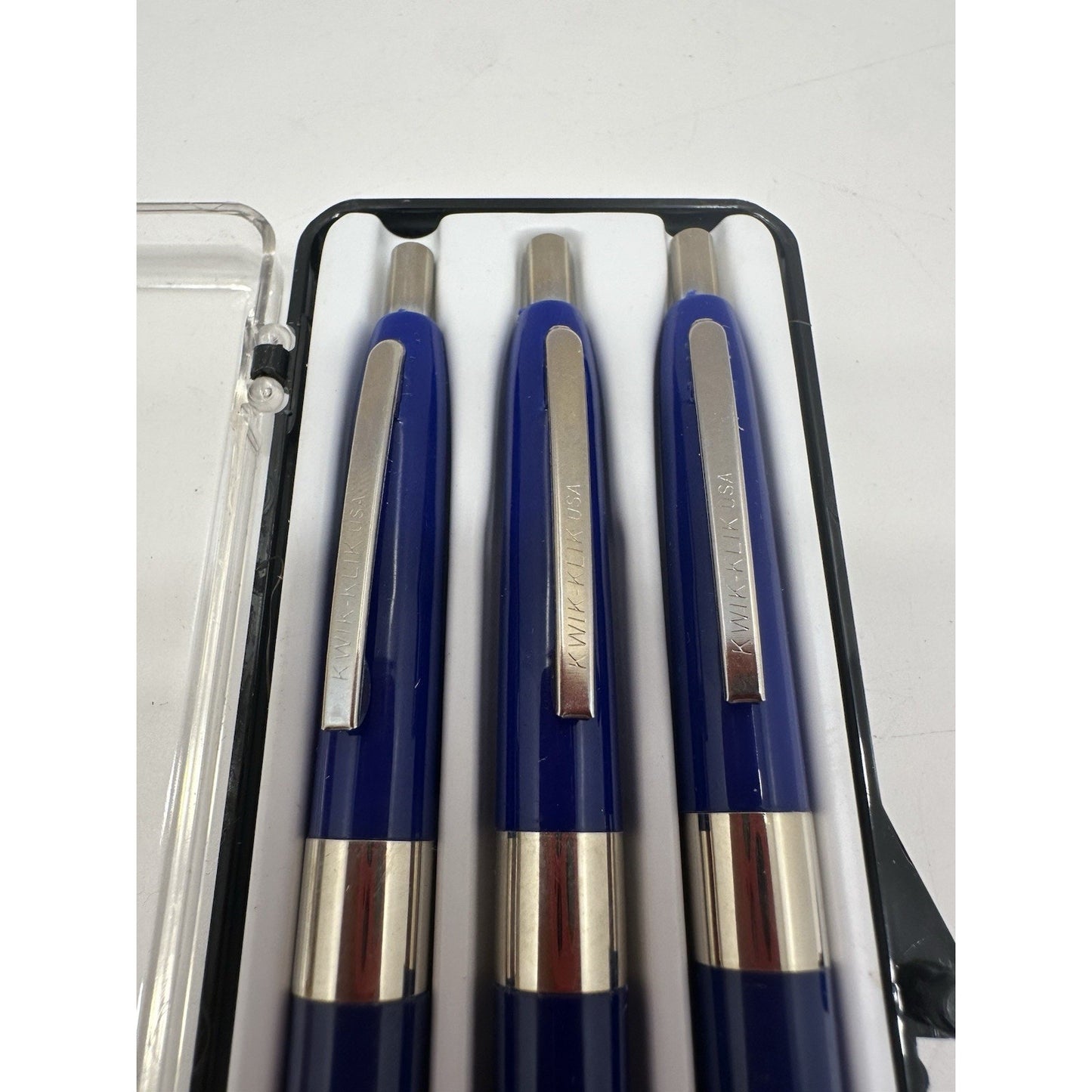 VINTAGE *NEW* Set of 3 Kwik Klik Ballpoint Pens in Case Blue/Silver USA