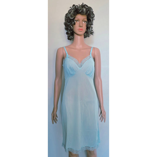 VINTAGE *NEW* 1960's Kayser Light Blue Lace Trim Short Slip Dress Size M