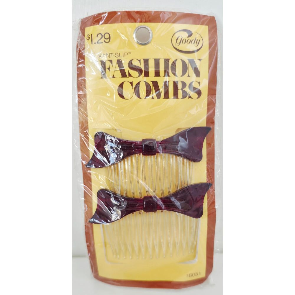 VINTAGE *NEW* 1975 Goody #8051 Bow Shaped Kant-Slip Fashion Combs Set of 2 Brown  USA