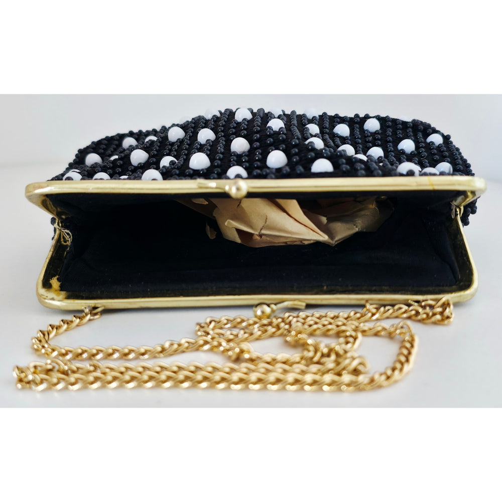 VINTAGE *NEW* 1960's Black and White Beaded Clutch Purse with Gold Chain