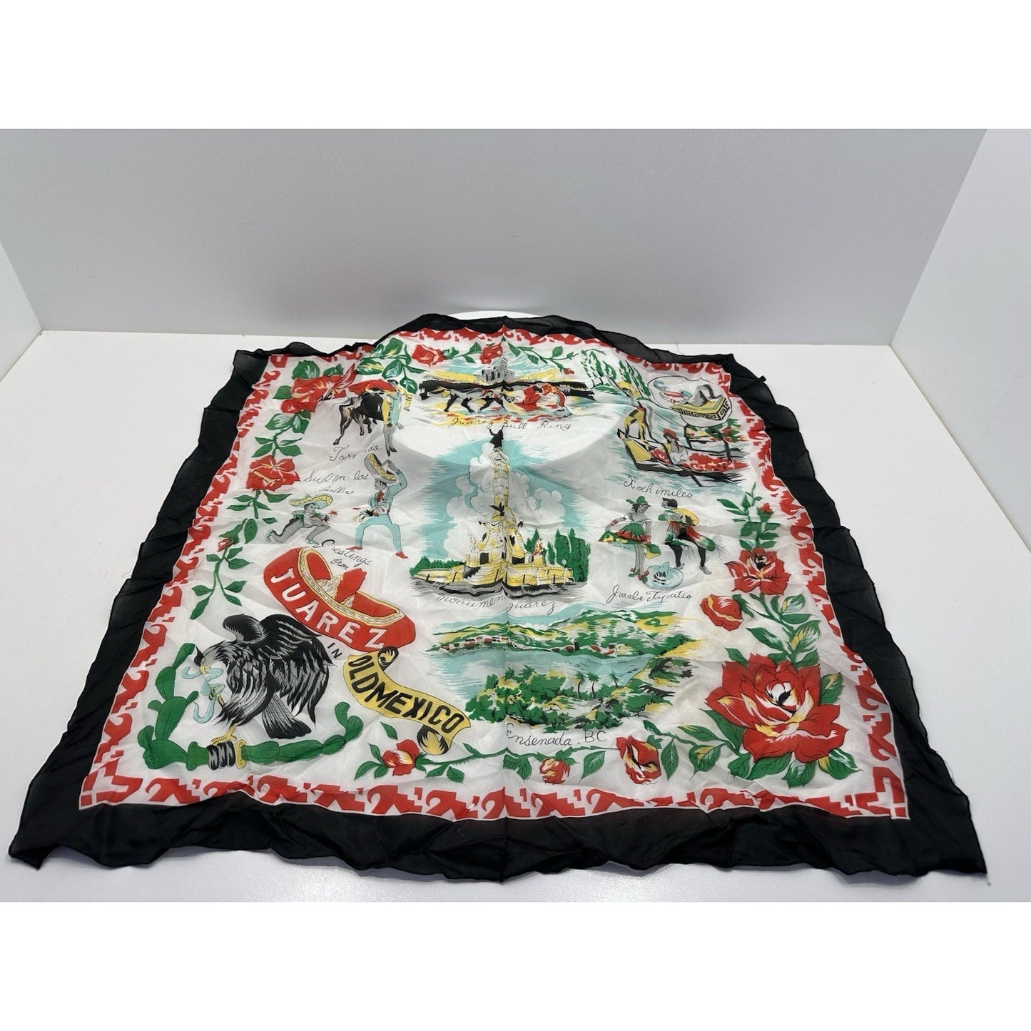 VINTAGE "NEW" 1950's "Juarez" Hand-Rolled Silk Rayon Scarf 31" x 31" - Black