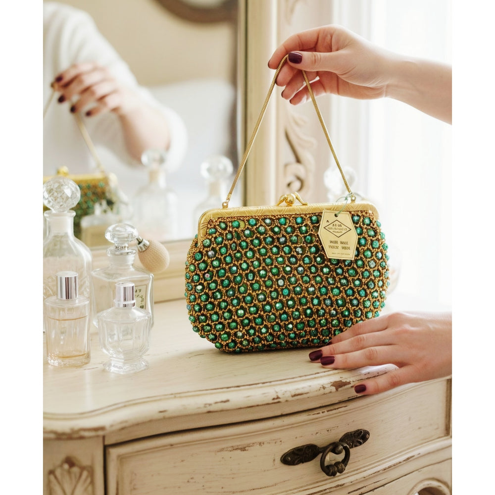 VINTAGE *NEW* 1960's Hand-Made Fancy Beaded Purse Bright Green with Gold Strap