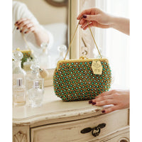 VINTAGE *NEW* 1960's Hand-Made Fancy Beaded Purse Bright Green with Gold Strap