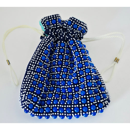 VINTAGE *NEW* 1960's Multicolor Blue Beaded Drawstring Cinch Purse Reversible