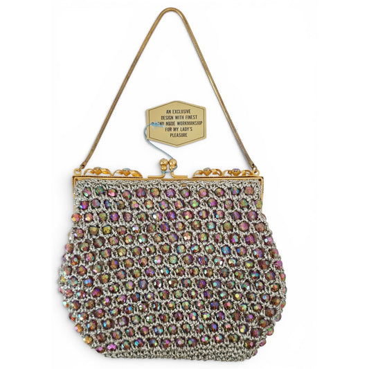 VINTAGE *NEW* 1960's Hand-Made Fancy Beaded Purse Multicolor with Gold Strap