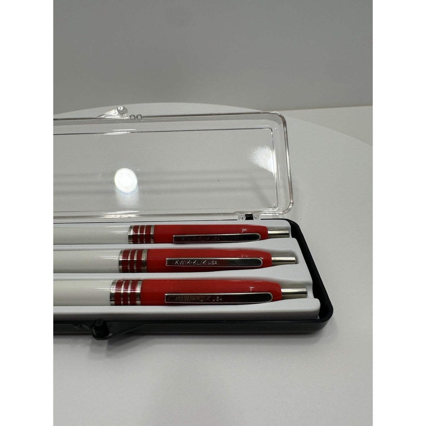 VINTAGE *NEW* Set of 3 Kwik Klik Ballpoint Pens in Case Red/White USA