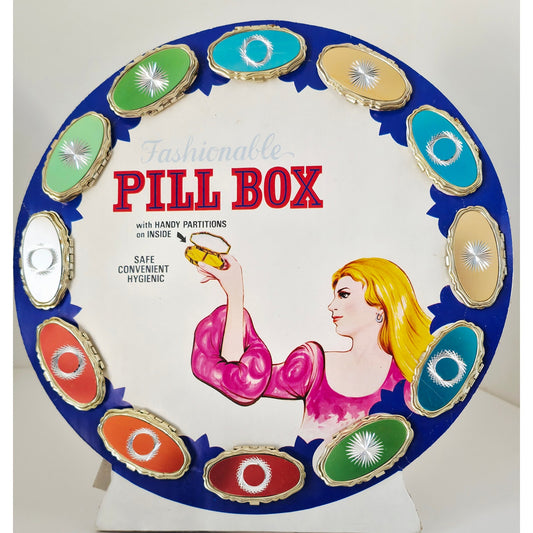 VINTAGE *NEW* 1970's Fashion Pill Boxes with Display Multiple Colors 12 Total