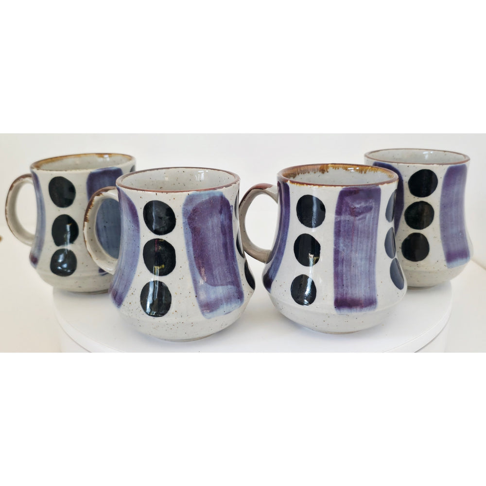 VINTAGE *NEW* 1970's Blue and Cream Korean Hand-Painted Stonewware Mugs Set of 4