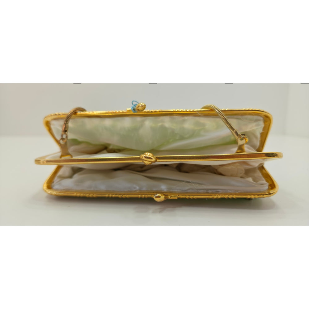 VINTAGE *NEW* 1960's Hand-Made Fancy Beaded Purse Green with Gold Strap