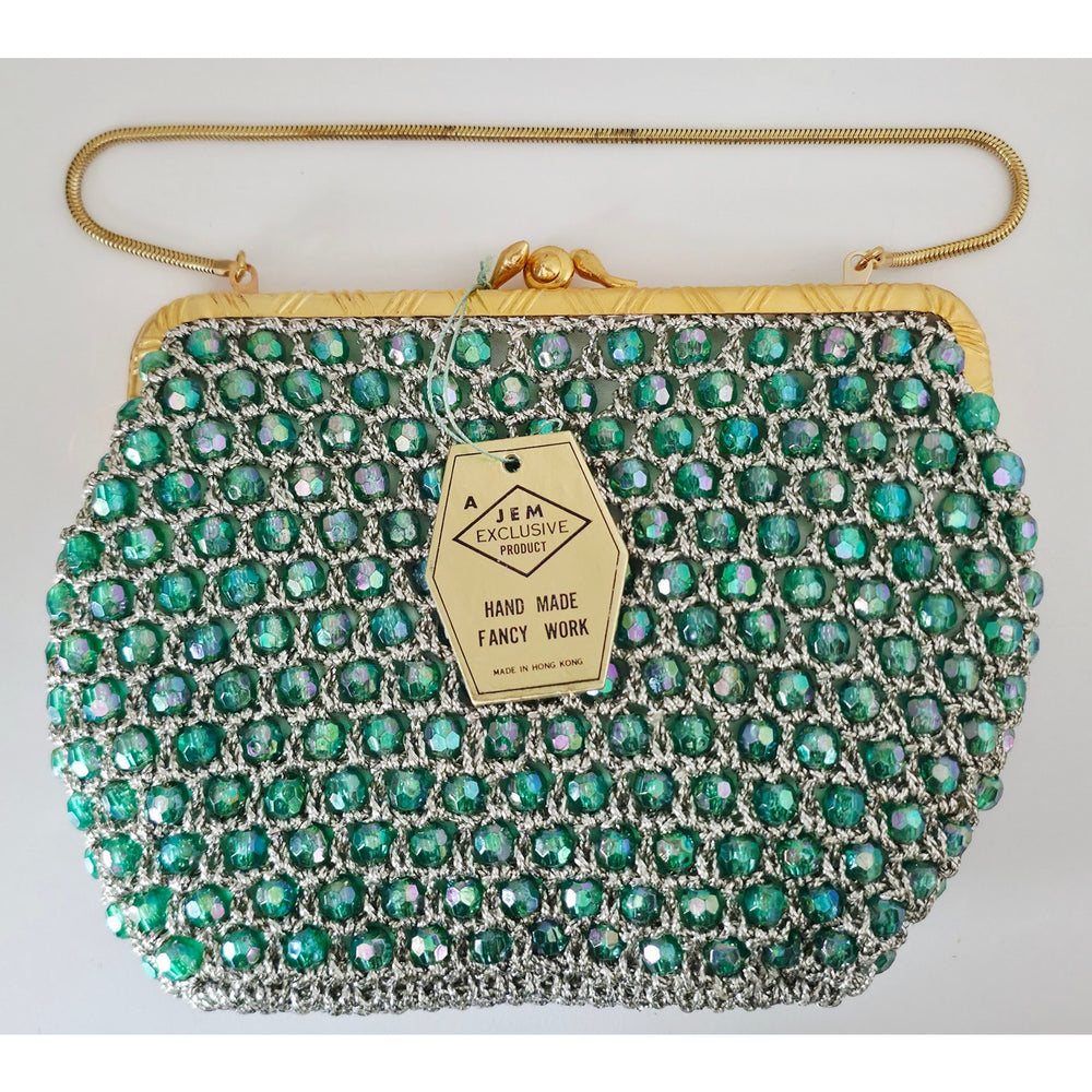VINTAGE *NEW* 1960's Hand-Made Fancy Beaded Purse Green & Silver with Gold Strap