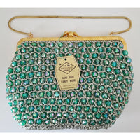 VINTAGE *NEW* 1960's Hand-Made Fancy Beaded Purse Green & Silver with Gold Strap