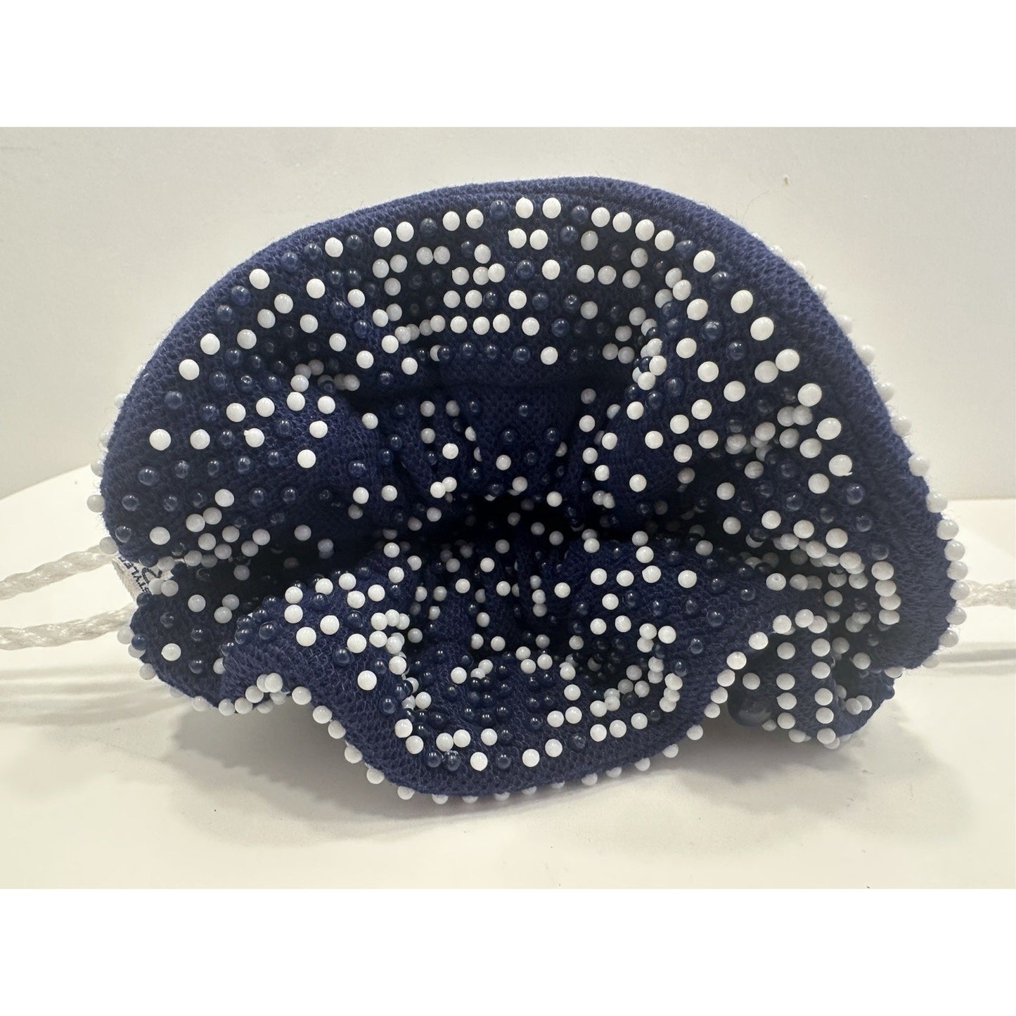 VINTAGE *NEW* 1970's Hand-Beaded Cinch Purse in Navy with White Beads