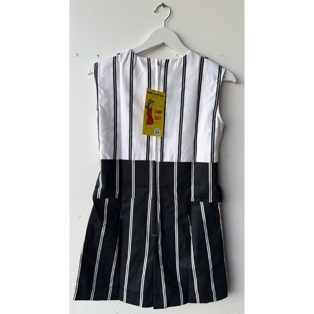 VINTAGE *NEW* 1960's Black/White Striped Waist Tie Romper Size 14 (Fits like 6-8)