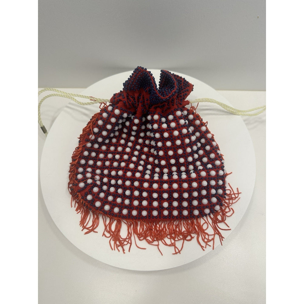 VINTAGE *NEW* 1970's Hand-Beaded with Fringe Cinch Purse in Red