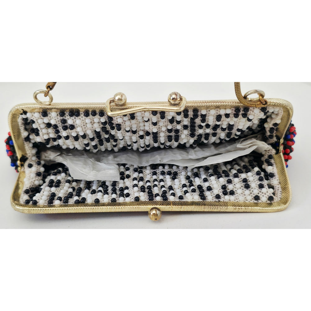 VINTAGE *NEW* 1960's Red and Blue Fancy Beaded Purse with Strap
