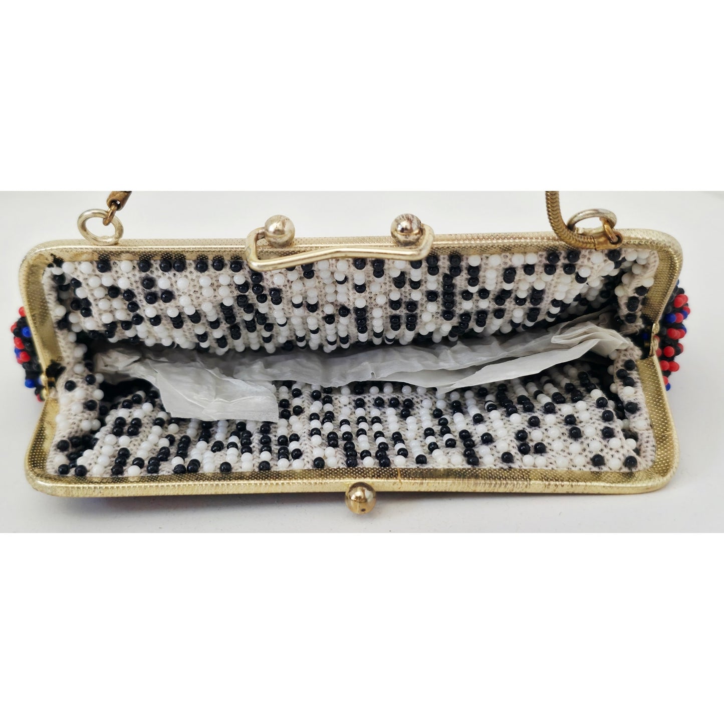 VINTAGE *NEW* 1960's Red and Blue Fancy Beaded Purse with Strap