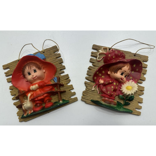 VINTAGE "NEW" 1974 Enesco Girl with Daisy/Swan Wall Plaques Set