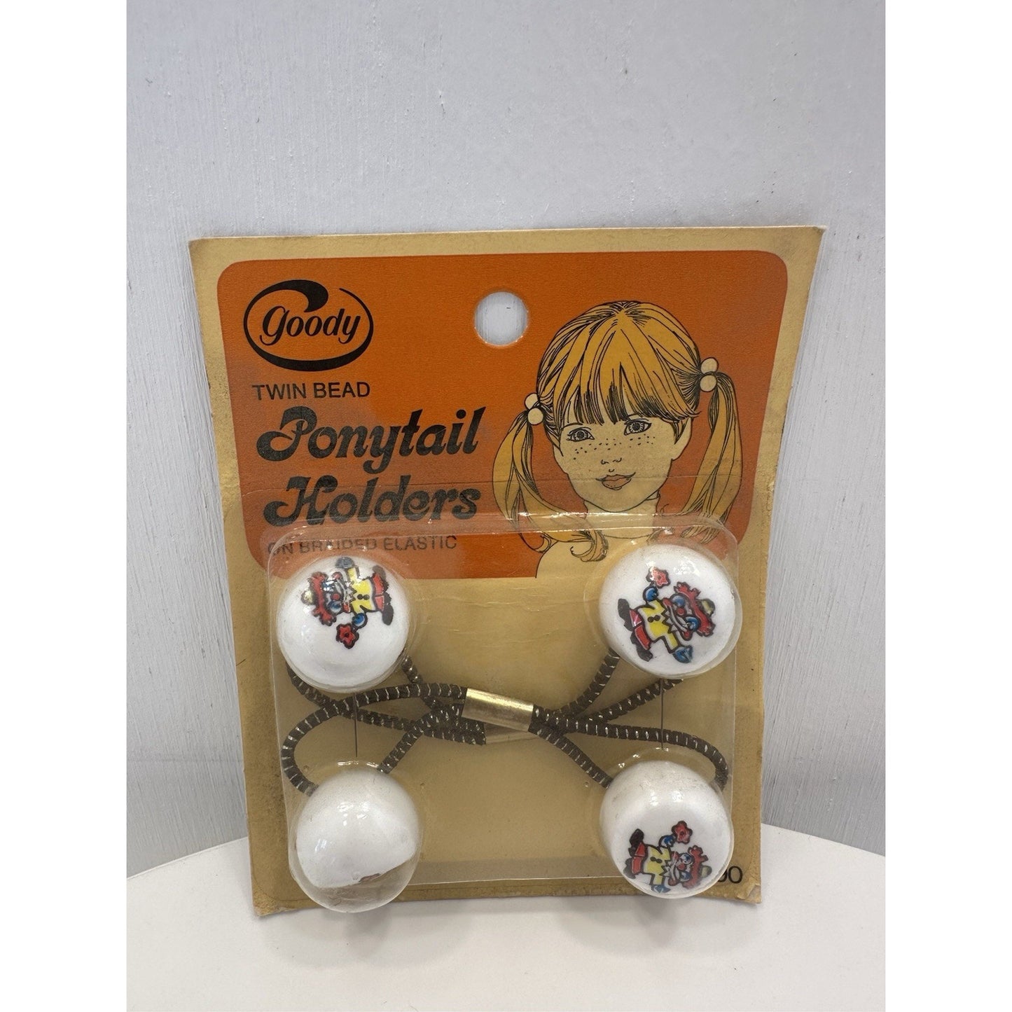 VINTAGE *NEW* 1975 Goody 6990 Twin Bead Ponytail Holders with Clowns Set of 2