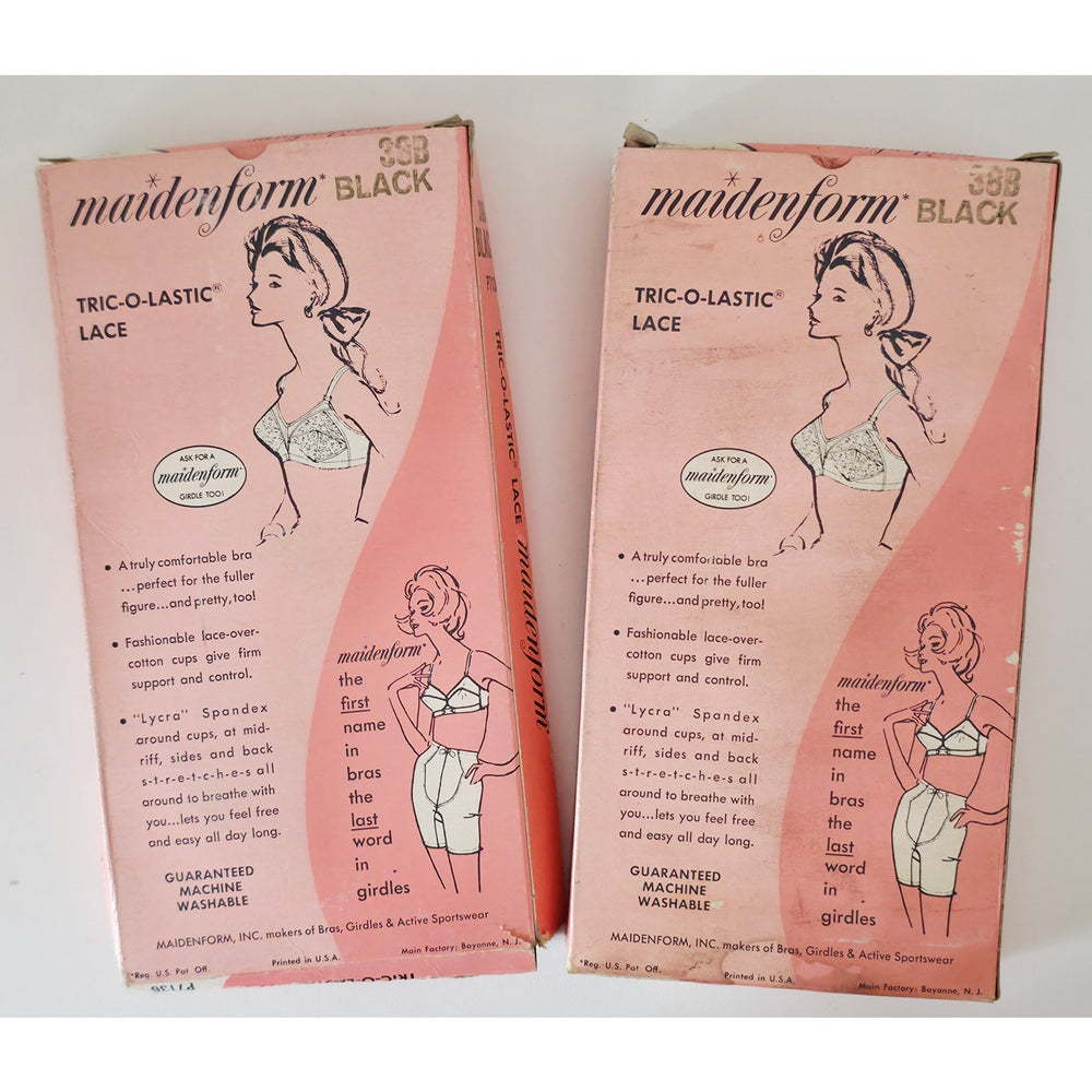 VINTAGE *NEW* 1970's Maidenform P7136 Tricolastic Lace Stretch Black Bra 38 B Set of 2