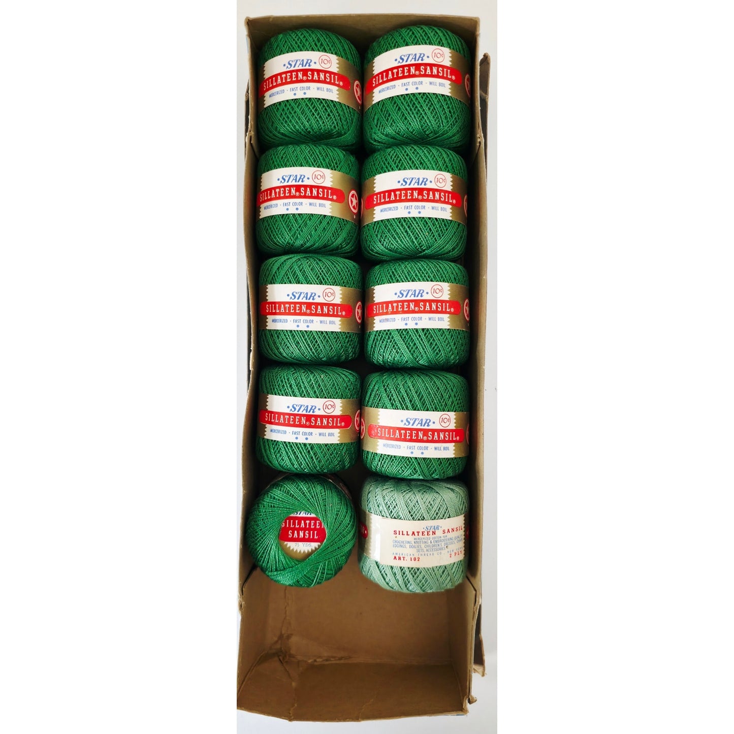 VINTAGE *NEW* 1960's Star Sillateen Sansil Green Cotton Thread 43-75 Yds 10 Pk
