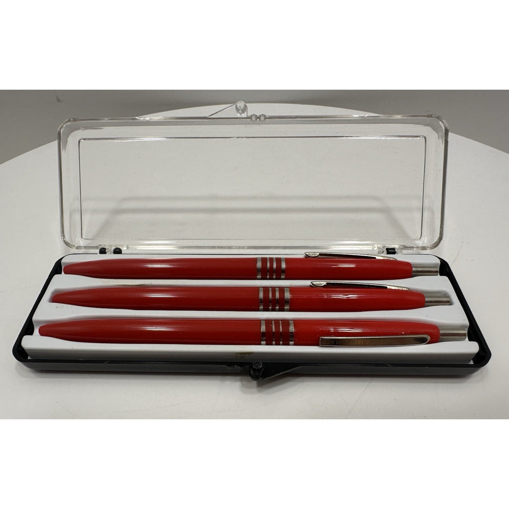 VINTAGE *NEW* Set of 3 Kwik Klik Ballpoint Pens in Case Red/Silver USA