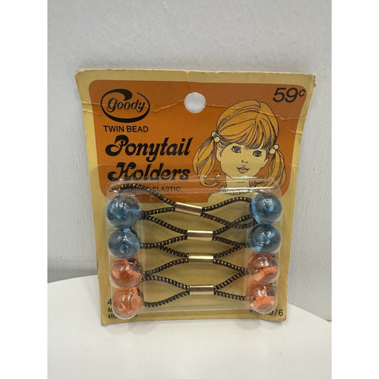 VINTAGE *NEW* 1975 Goody #4688/6 Small Twin Bead Ponytail Holders Set of 4 Bl/Or