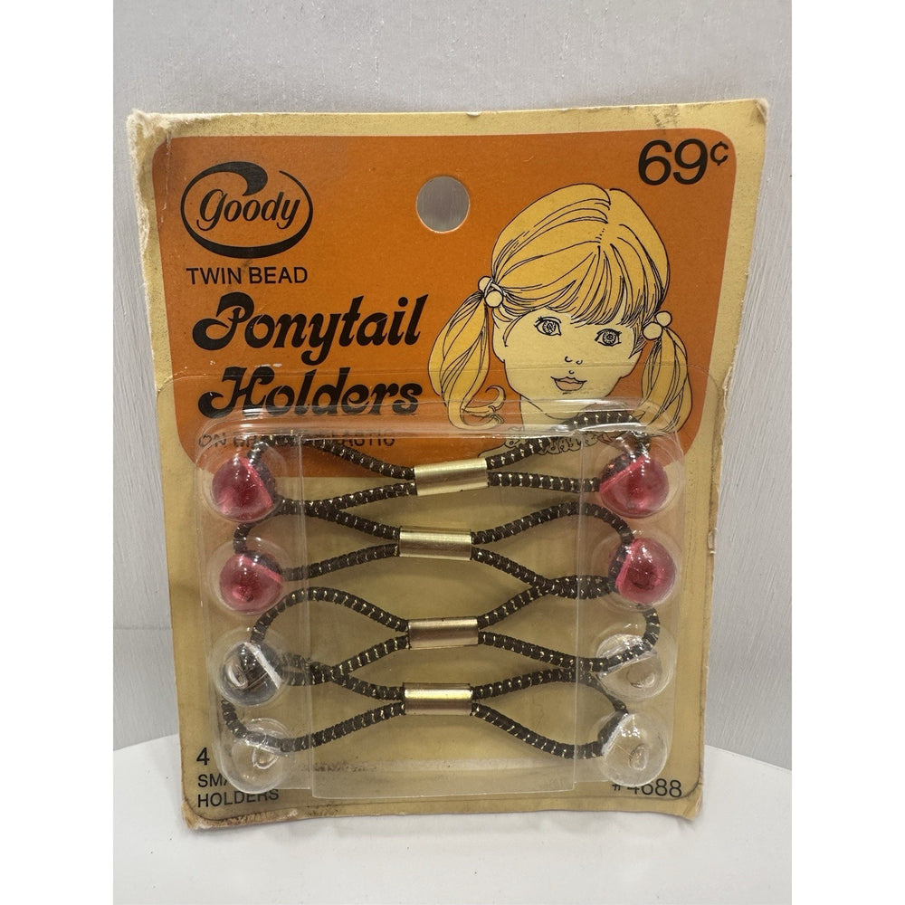 VINTAGE *NEW* 1975 Goody #4688 Small Twin Bead Ponytail Holders Set of 4 Red/Wht