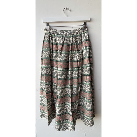 VINTAGE *NEW* 1960's Women's Green/White/Pink Pleated Mid Skirt Size 26